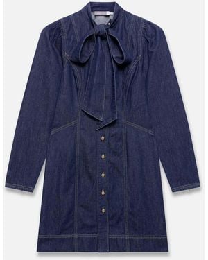 Mint Velvet Denim Pussy Bow Mini Dress - Blue