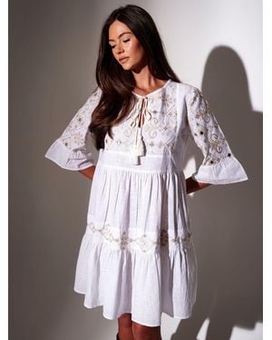 South Beach Mirror Detail Tie Neck Dress - White