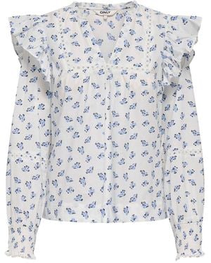 ONLY Frill Detail Long Sleeve Cotton Blouse - White