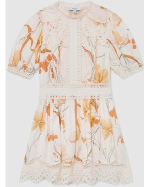 Reiss Floral-Print Lace-Trim Mini Dress - White