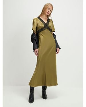 River Island Short Sleeve V-Neck Lace Slip Maxi Dress - Green