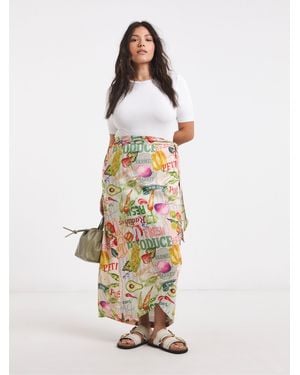 Simply Be Postcard Print Frayed Edge Linen Wrap Skirt - White