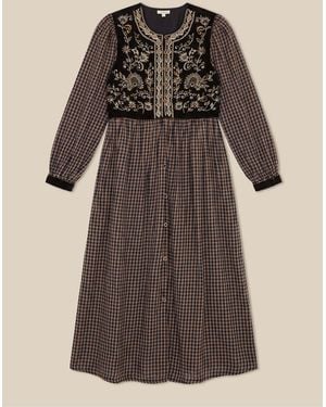 Monsoon Elise Embroidered Check Print Midi Dress - Brown