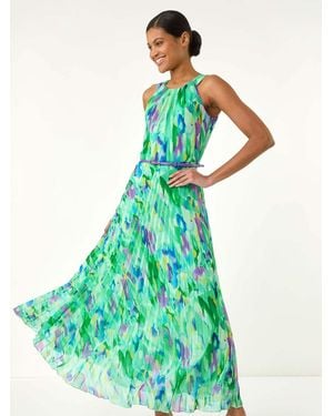 Roman Blurred Print Pleated Maxi Dress - Green