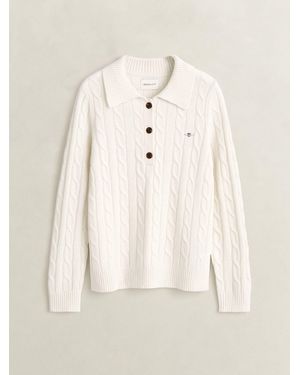 GANT Lambswool Cable Knit Rugby Shirt - Natural