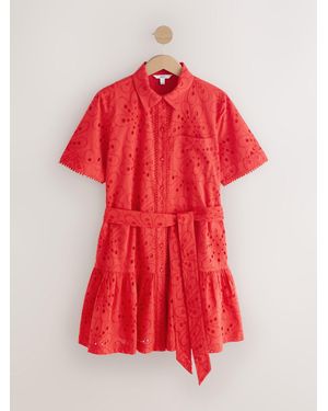 Next Broderie Tie Waist Shirt Dress - Red
