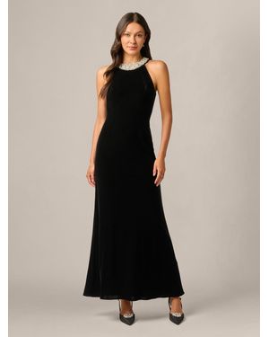 Adrianna Papell Studio Beaded Halter Velvet Gown - Black