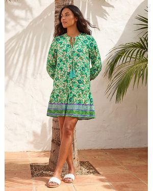 Roman Floral Print Border Smock Dress - Green