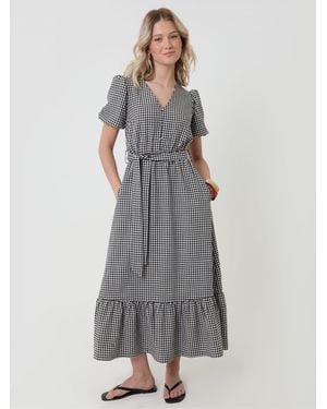 Threadbare Gingham Tiered Hem Puff Sleeve Maxi Dress - Gray