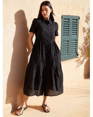 Threadbare 100% Cotton Short Sleeve Collared Broderie Maxi Shirt Dress - Black