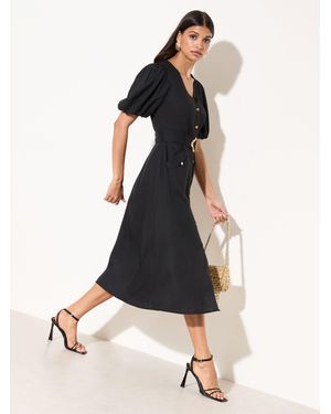 Friends Like These Petite Button Through Belted Midi Dress - Black