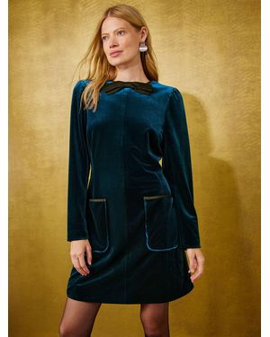 Love & Roses Tailored Velvet Bow Detail Long Sleeve Shift Mini Dress - Blue