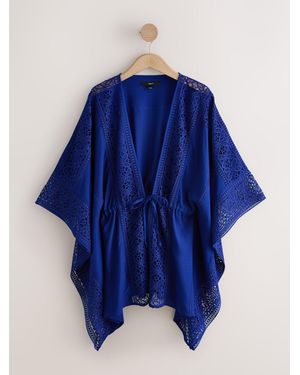 Next Royal Linen Blend Tie Front Crochet Detail Kaftan Cover-Up - Blue