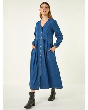 Roman Denim Button Through Midi Dress - Blue