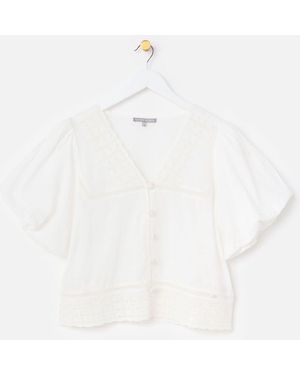 Oliver Bonas Broderie Crochet Button Up Puff Sleeve Blouse - White