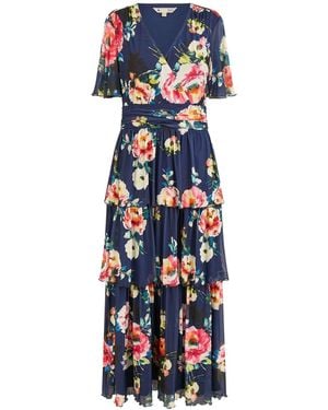 Yumi' Floral Mesh Tiered Maxi Dress - Blue