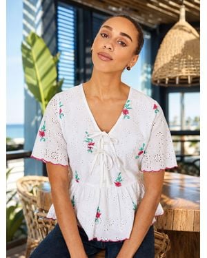 Yumi' Cotton Broderie Anglaise Embroidered Tie Top - Blue