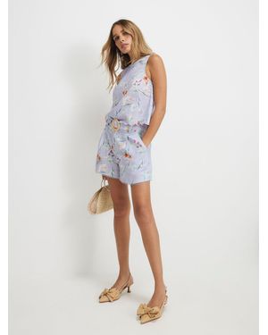 River Island Linen Blend Floral Belted Shorts - White