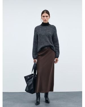 Vila High Waisted Satin Midi Skirt - Brown