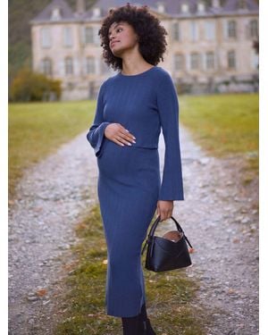 Seraphine Ribbed Knitted Maternity And Nursing Midi Dress - Blue