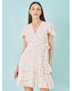 Yumi' Ditsy Print Frill Wrap Dress - Natural
