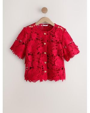 Next Floral Lace Short Sleeve Top - Red