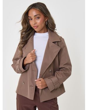 Threadbare Funnel Neck Short Trench Coat - Brown