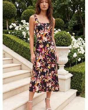 Roman Floral Print Paneled Midi Dress - Green