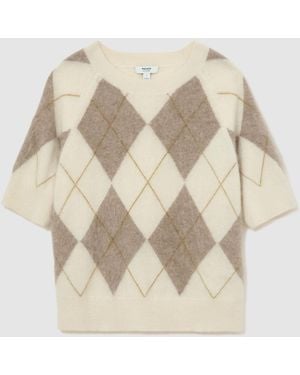 Reiss Taupe Brushed-Cashmere Argyle Knit Top - Natural