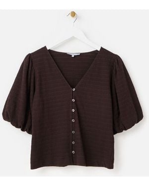 Oliver Bonas Textured Button Up Puff Sleeve Shirt - Brown