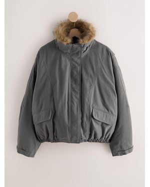 Next Charcoal Shower Resistant Padded Bomber Jacket With Faux-Fur Collar - Grey