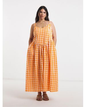 Simply Be Gingham Waist Detail Midi Dress - Orange