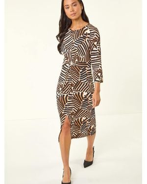 Roman Petite Abstract Print Knot Front Dress - Natural