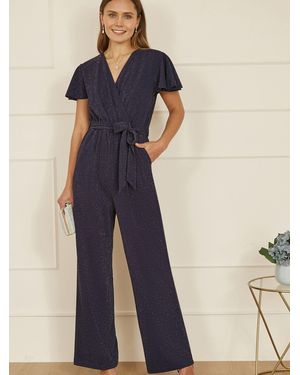 Yumi' Sparkle Stretch Wrap Over Jumpsuit - Blue