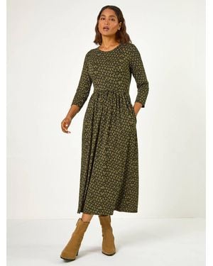 Roman Geometric Pocket Stretch Midi Dress - Green