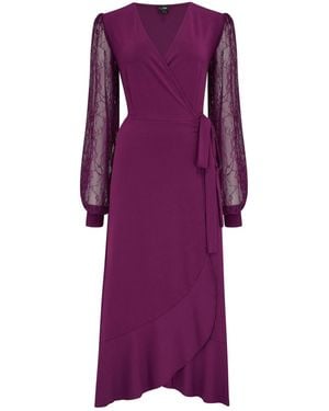 Pour Moi Carrie Lace Sleeve Midi Slinky Jersey Wrap Dress - Purple