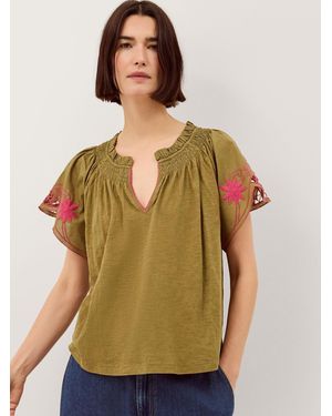 Monsoon Fiona Embroidered Cotton Top - Green