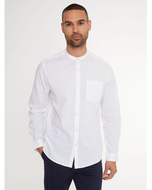 Threadbare Grandad Collar Linen Blend Long Sleeve Shirt - White