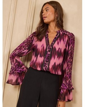 Love & Roses Animal V-Neck Hardware Flute Sleeve Blouse - Red