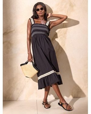 Lipsy Petite Cotton Embroidered Shirred Bodice Cami Summer Midi Dress - Natural