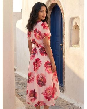 Roman Floral Print Midi Wrap Dress - Pink