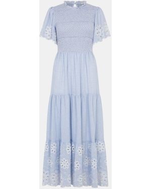 Accessorize Smocked Cutwork Midi Dress - Blue