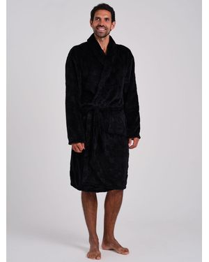 Loungeable Checkerboard Super Soft Fleece Shawl Collar Dressing Gown - Black
