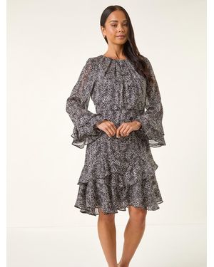 Roman Petite Abstract Print Frill Dress - Black
