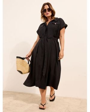 Lipsy Curve Linen Look Button Through Short Sleeve Midi Shirt Dress - Black