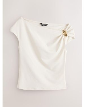 Next Ecru Slinky Soft Touch Asymmetric Hardware Short Sleeve Top - Natural