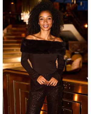 Sosandar Bardot Top With Detachable Faux Fur Trim - Metallic