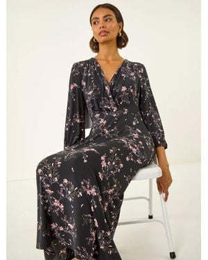 Roman Floral Print Stretch Midi Dress - Gray