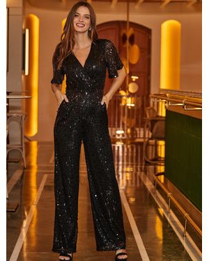 Sosandar Sequin Angel Sleeve Jumpsuit - Black