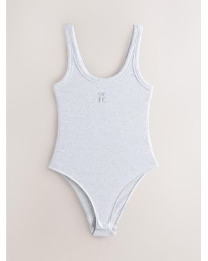 Self Sleeveless Ribbed Scoop Neck Bodysuit - White